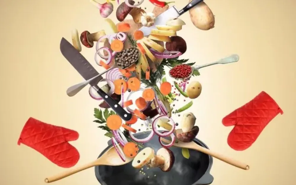 Floating fresh ingredients around a chef knife